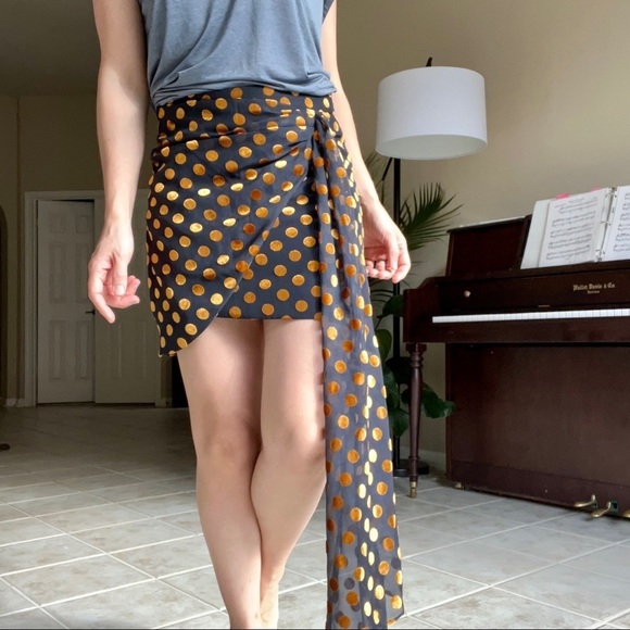 Significant Other Wrap Mini Skirt Gold Polka Dots, size 4 - Picture 1 of 16